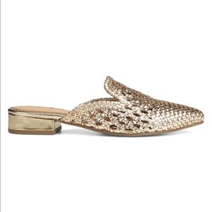 gold woven flat mules
